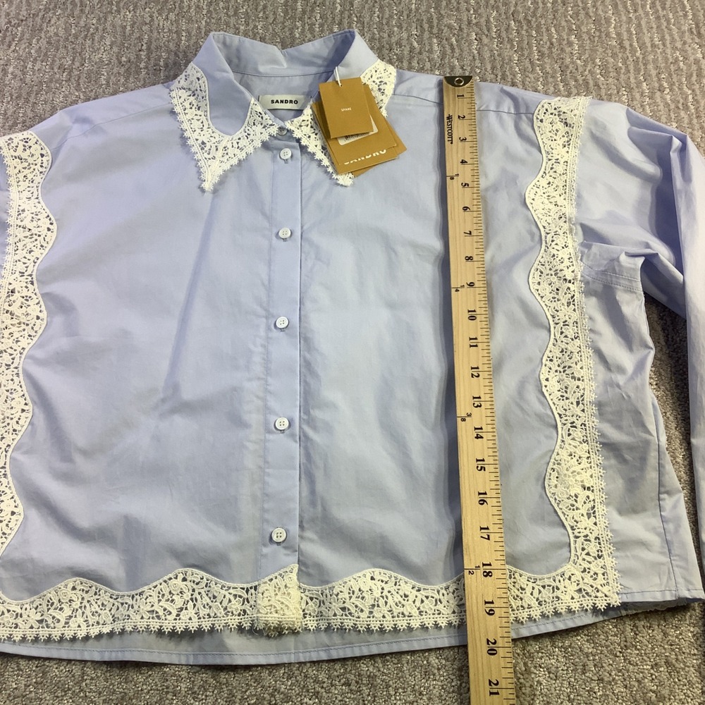 Sandro Gaia Light Blue Lace Trim Cropped Cotton Button Down Shirt Size 40 2 NWT - Picture 11 of 14